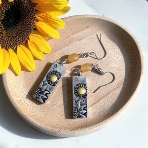 Hand Crafted Sunflower Silver Earrings And Yellow Aventurine 2½" Hypoallergenic